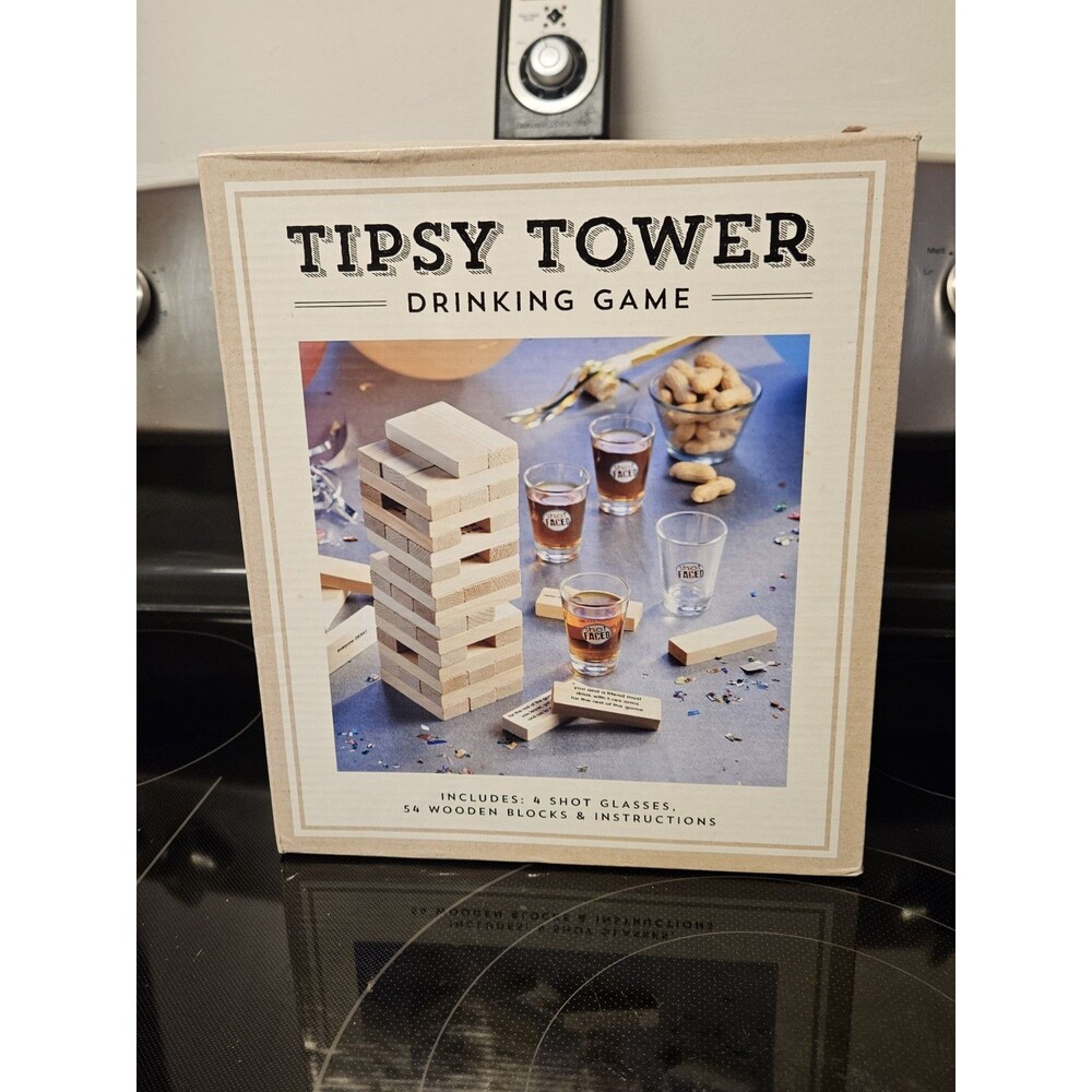 Tipsy Tower Drinking Game Set Of 54 Stacking Wooden Blocks & 4 Shot Glasses